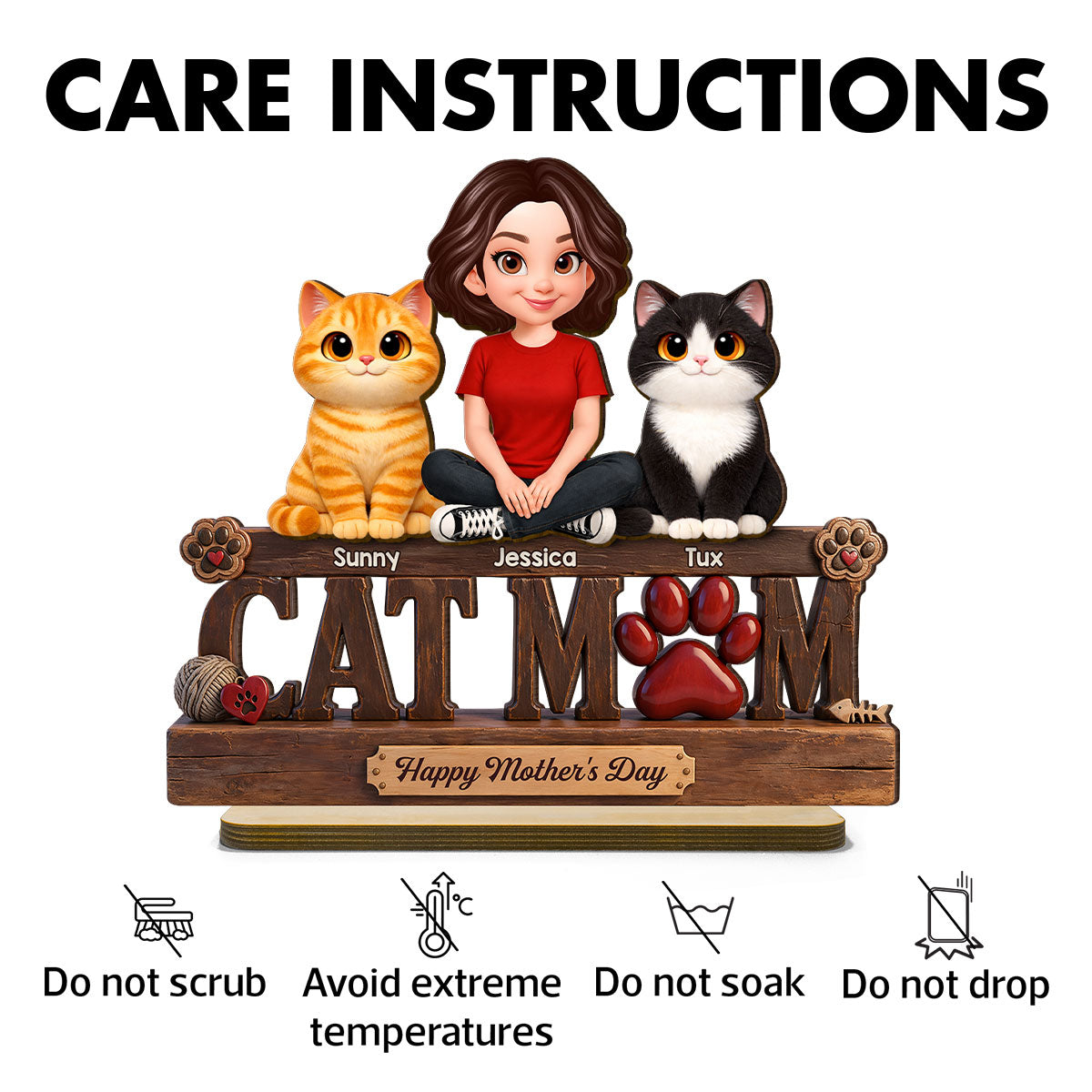 Cat Mom Cute Fluffy Cats Happy Mother's Day - Personalized 2-Layered Wooden Plaque - Mother's Day Gift For Cat Mom