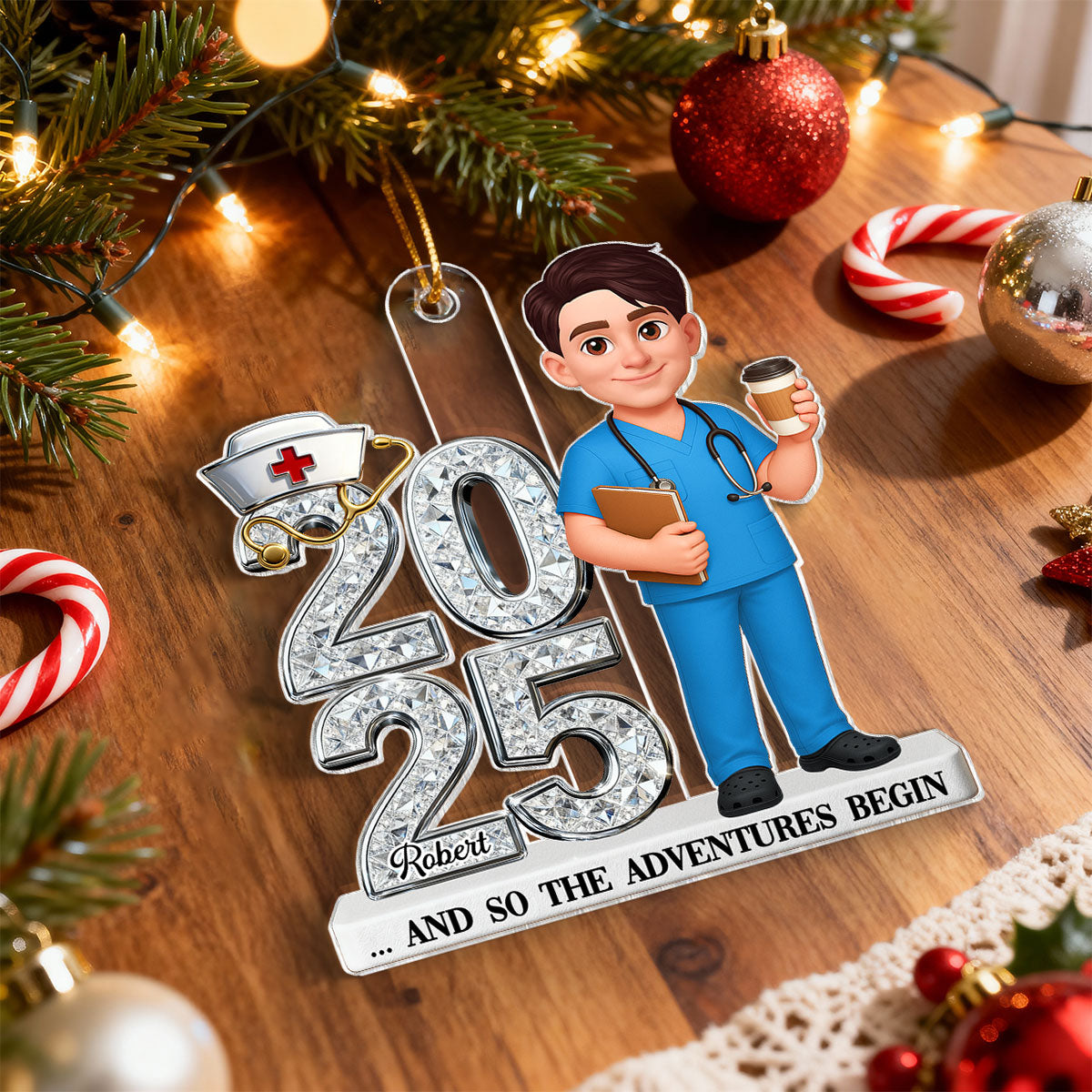 3D Shiny Effect New Nurse With Year - Personalized Acrylic Ornament - RN Gift, BSN Gift, Nursing Graduation Gift