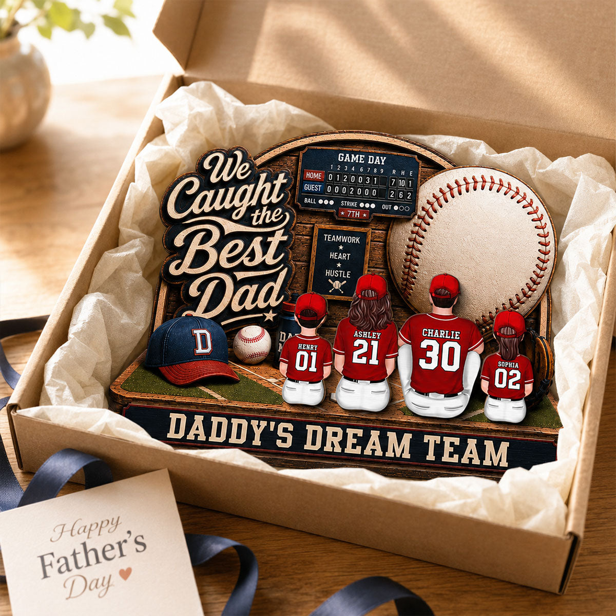 Baseball Things Dad & Kids Back View Sitting 2D Flat - Personalized 2-Layered Wooden Plaque - Happy  For Baseball Dad
