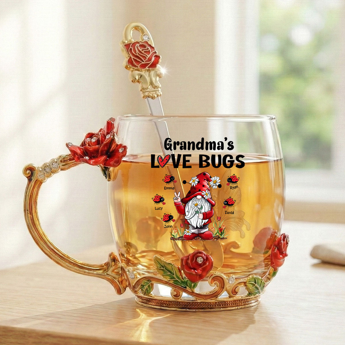 Grandma's Love Bugs - Personalized Enamel Flower Tea Cup - Gift For Grandma, Mom