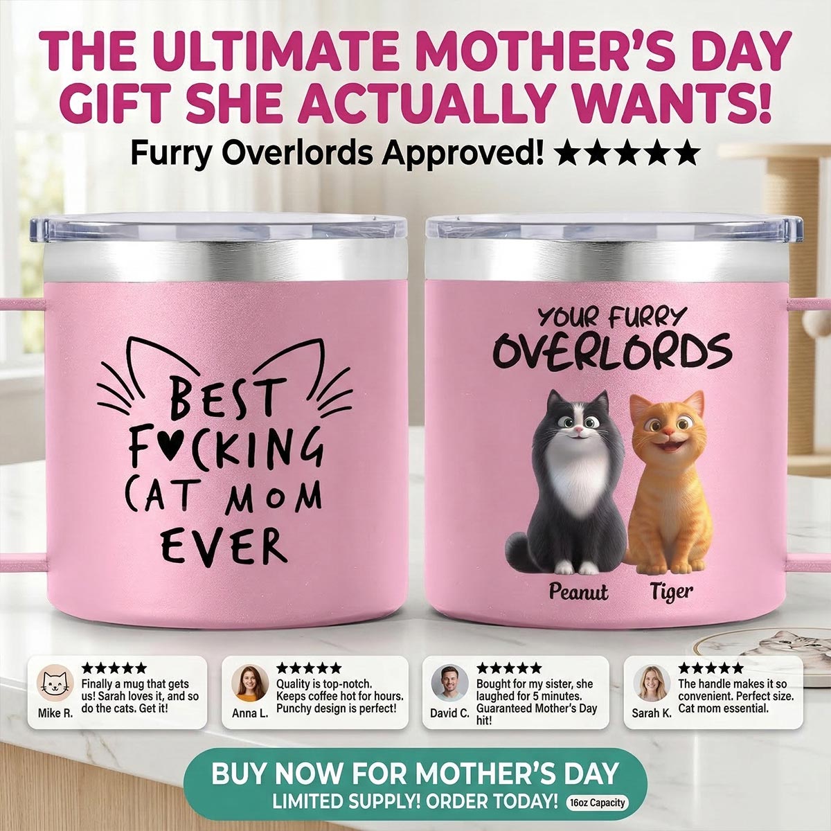 Best Fcking Cat Mom Ever Cartoon Cats - Personalized Stainless Steel Tumbler with Handle - Mother's Day Gift For Cat Lovers