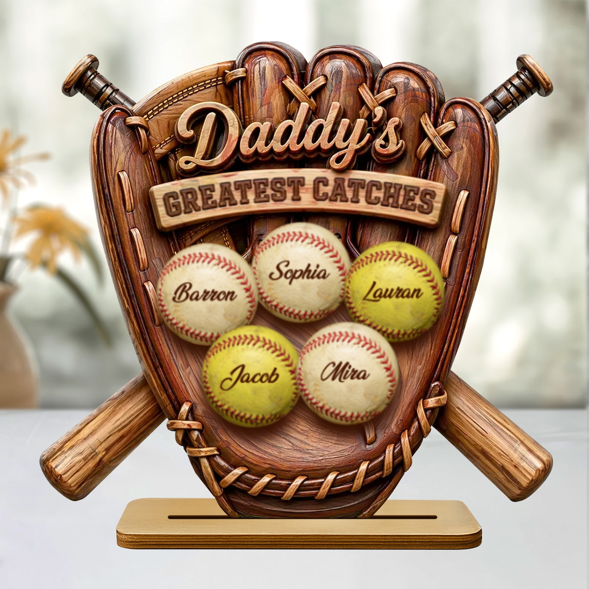 Daddy's Greatest Catches Baseball Softball - Personalized 2-Layered Wooden Plaque -  Gift for Husband, Dad