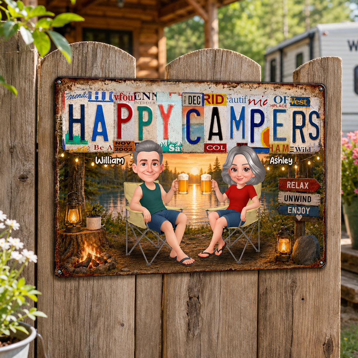 Happy Campers Camping Couple License Plate Style - Personalized Metal Sign - Gift For Campers