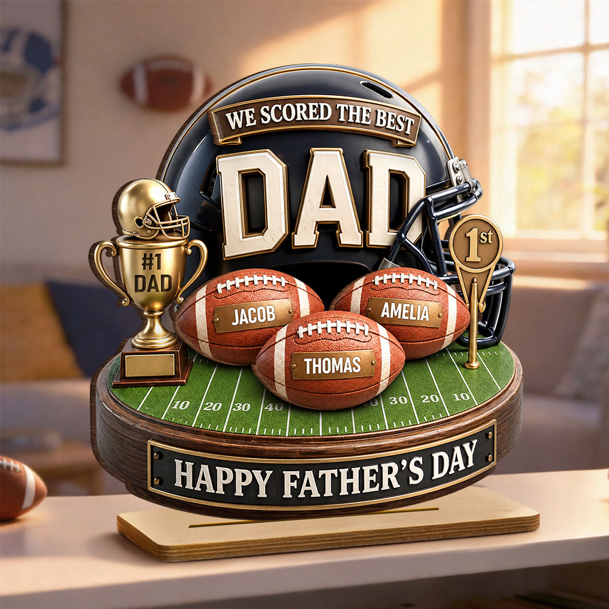 We Scored The Best Dad American Football Trophy - Personalized 2-Layered Wooden Plaque - Heartfelt Gift For Football Dad, Gift For Husband