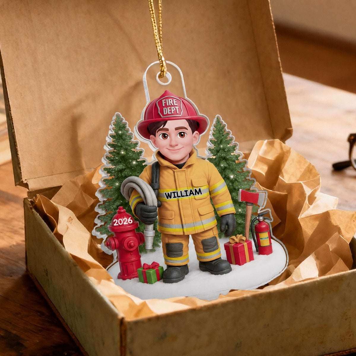 3D Effect Proud Firefighter With Signature Symbols Christmas - Personalized Acrylic Ornament