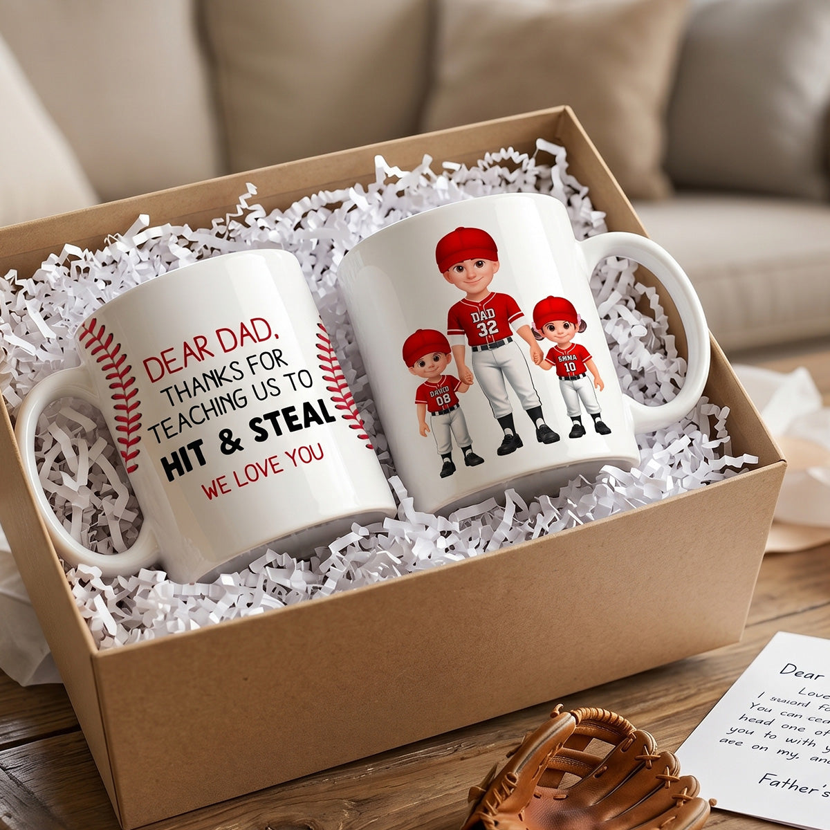 Thank You For Teaching Us To Hit & Steal Baseball Dad & Kids Standing - Personalized Mug - Father's Day Gift For Dad, Husband