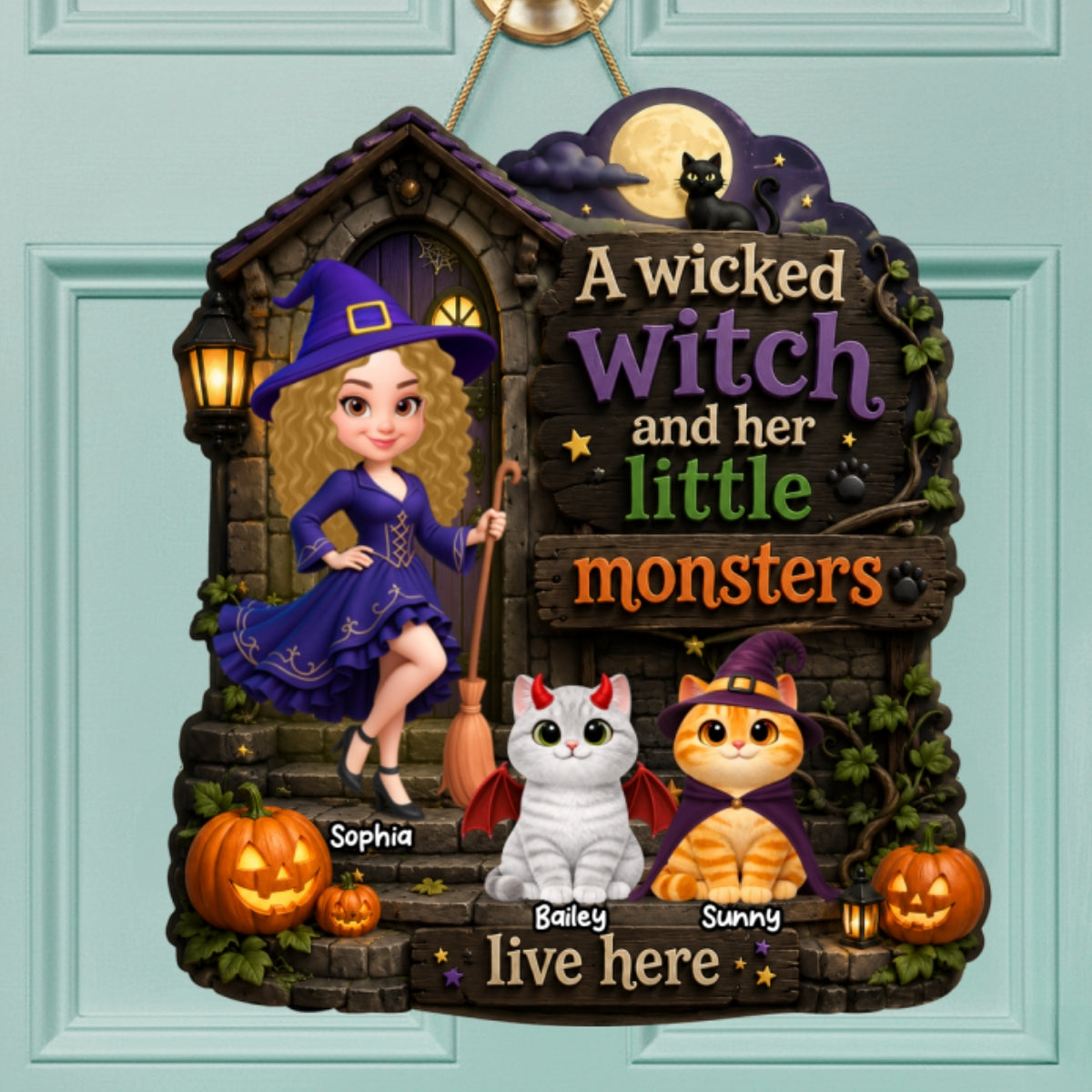 Mysterious Wicked Witch And Little Monsters Cats - Personalized Wood Sign - Halloween Gift For Cat Lovers, Halloween Decor