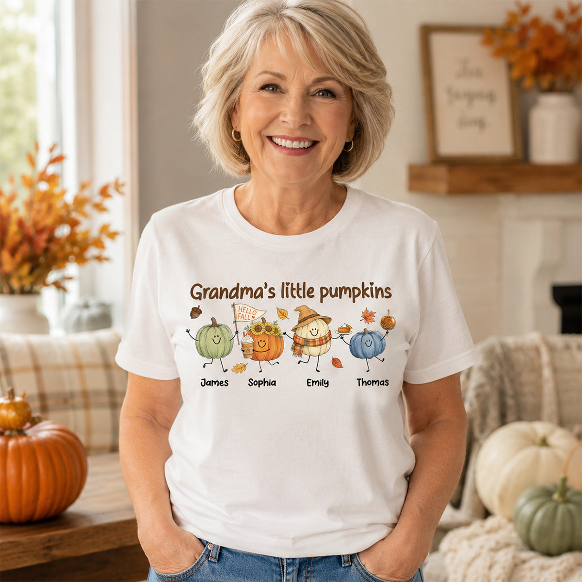 Grandma's Little Pumpkins Cute Characters - Personalized Shirt - Fall Season Shirt For Grandma, Mom