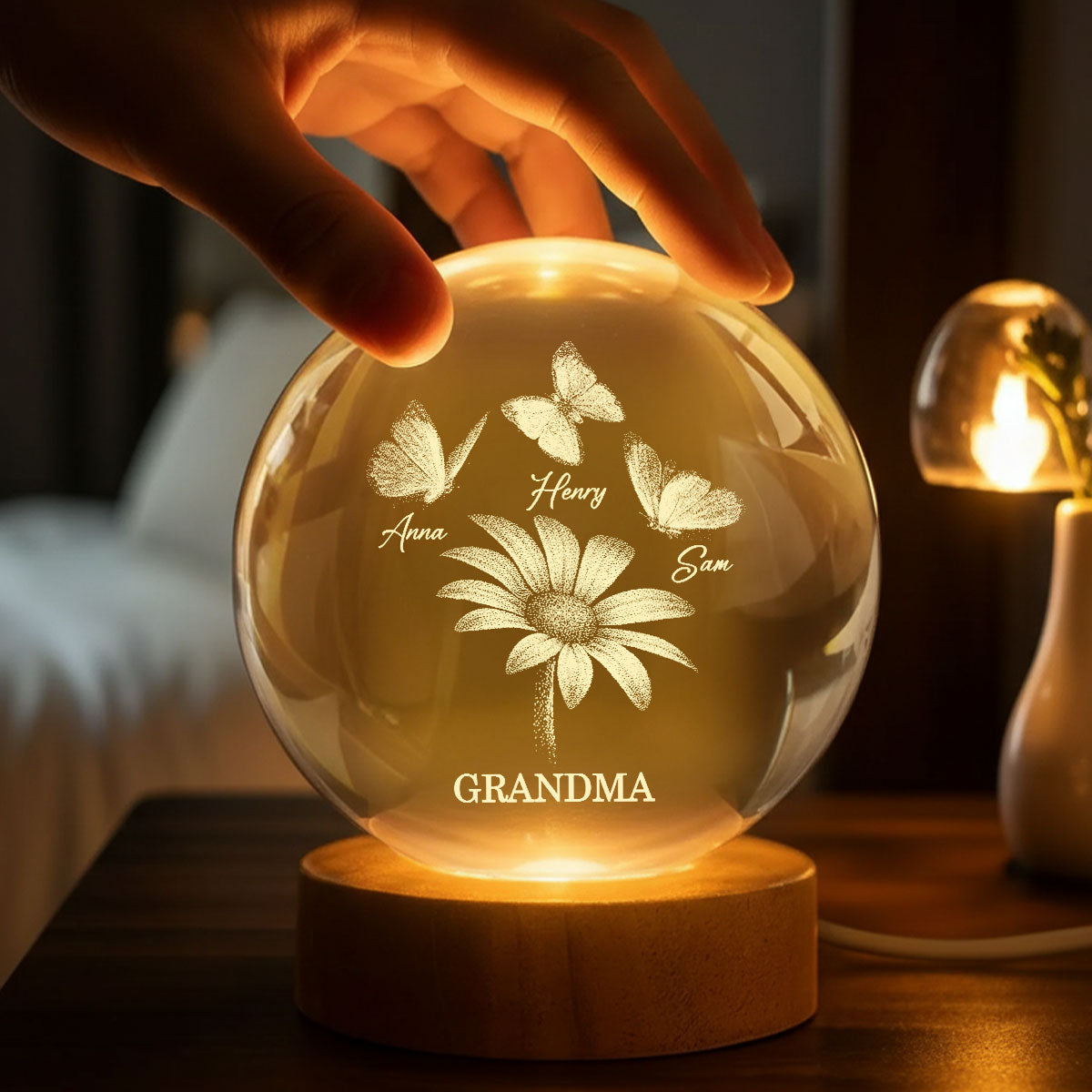 Daisy Flower Butterflies Grandma Grandkids - Personalized Crystal Ball LED Night Light - Mother's Day Gift For Grandma