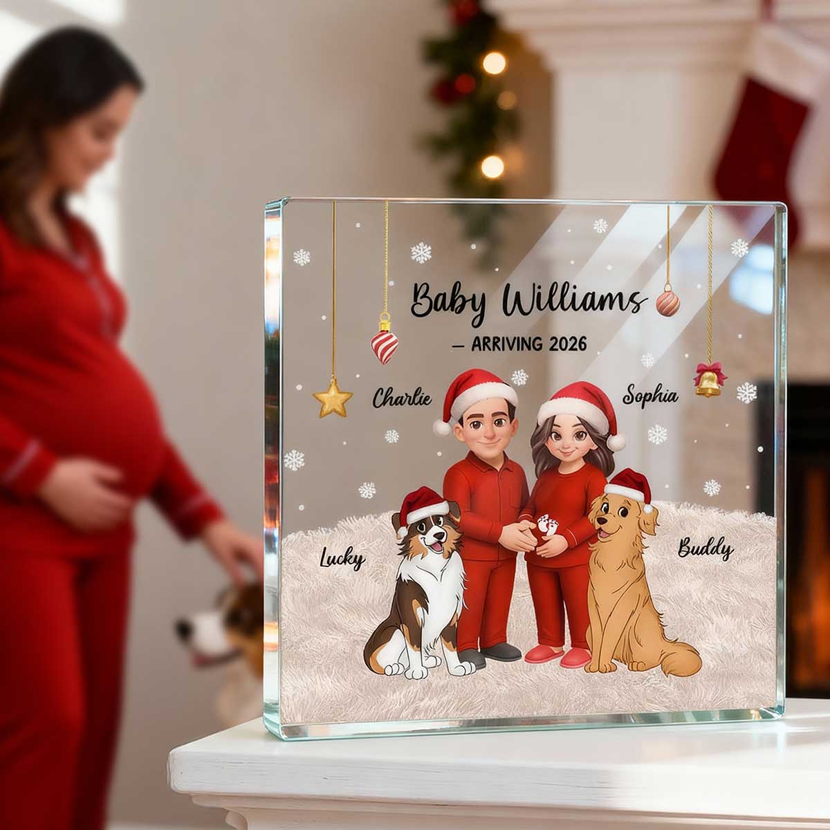 Expecting Parents Christmas Pregnancy Baby Arriving With Dogs Cats - Personalized Square Acrylic Block Plaque