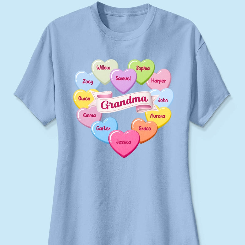 Grandma's Sweethearts Conversation Hearts Grandkids Names Valentine's Day - Personalized Shirt