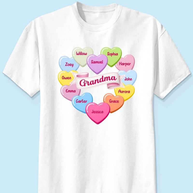 Grandma's Sweethearts Conversation Hearts Grandkids Names Valentine's Day - Personalized Shirt