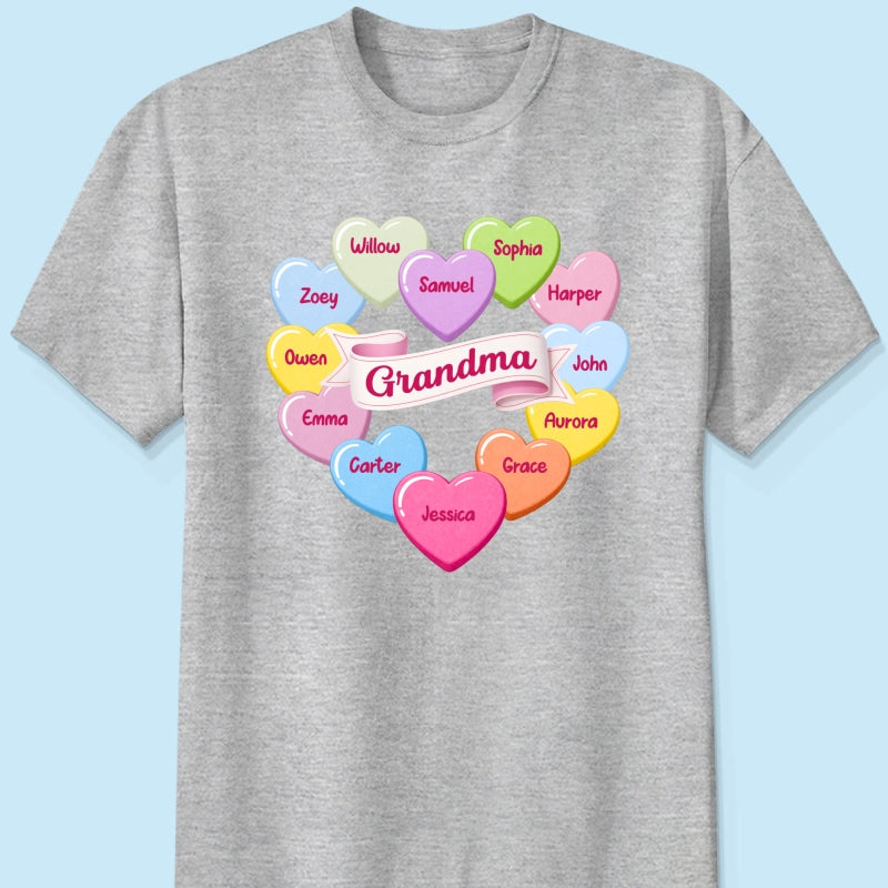 Grandma's Sweethearts Conversation Hearts Grandkids Names Valentine's Day - Personalized Shirt