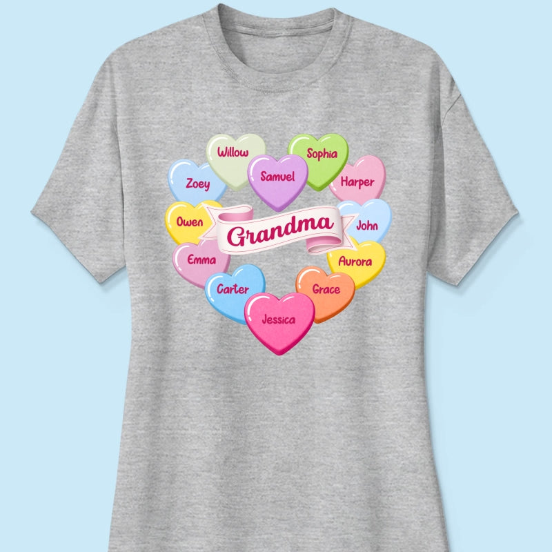 Grandma's Sweethearts Conversation Hearts Grandkids Names Valentine's Day - Personalized Shirt