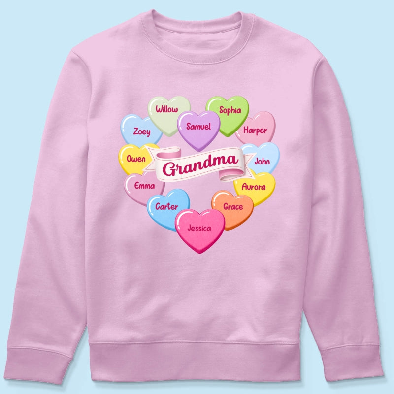 Grandma's Sweethearts Conversation Hearts Grandkids Names Valentine's Day - Personalized Shirt