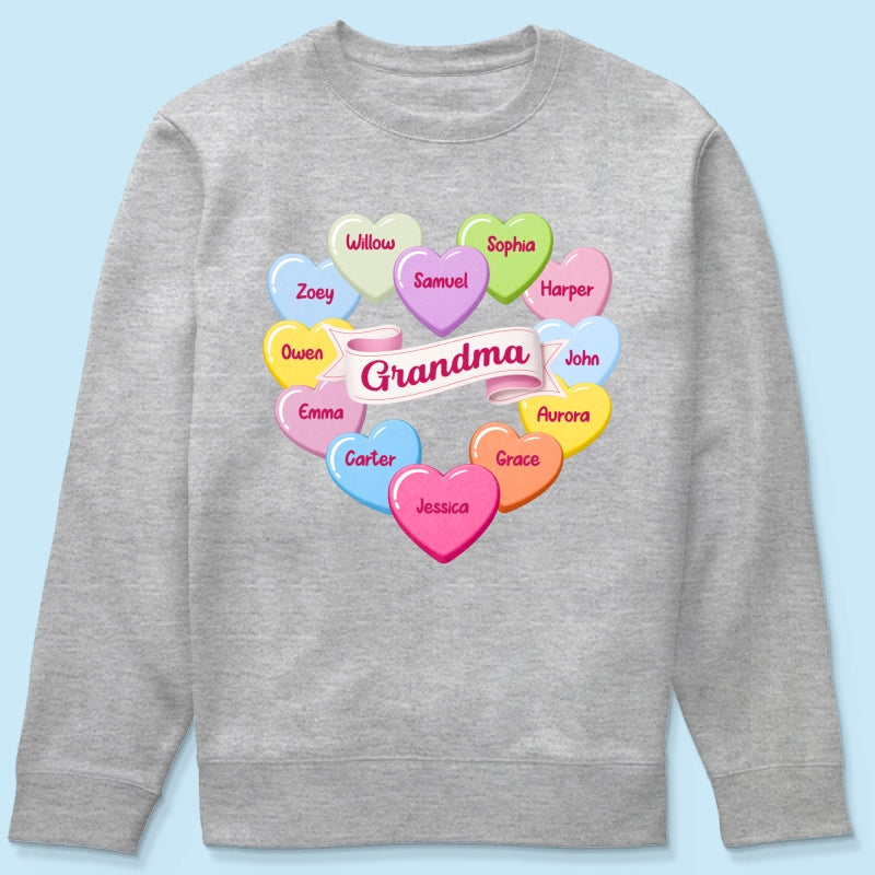 Grandma's Sweethearts Conversation Hearts Grandkids Names Valentine's Day - Personalized Shirt