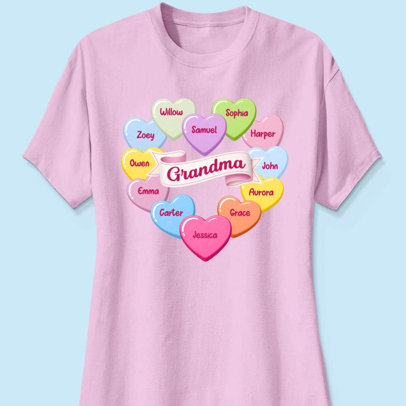 Grandma's Sweethearts Conversation Hearts Grandkids Names Valentine's Day - Personalized Shirt