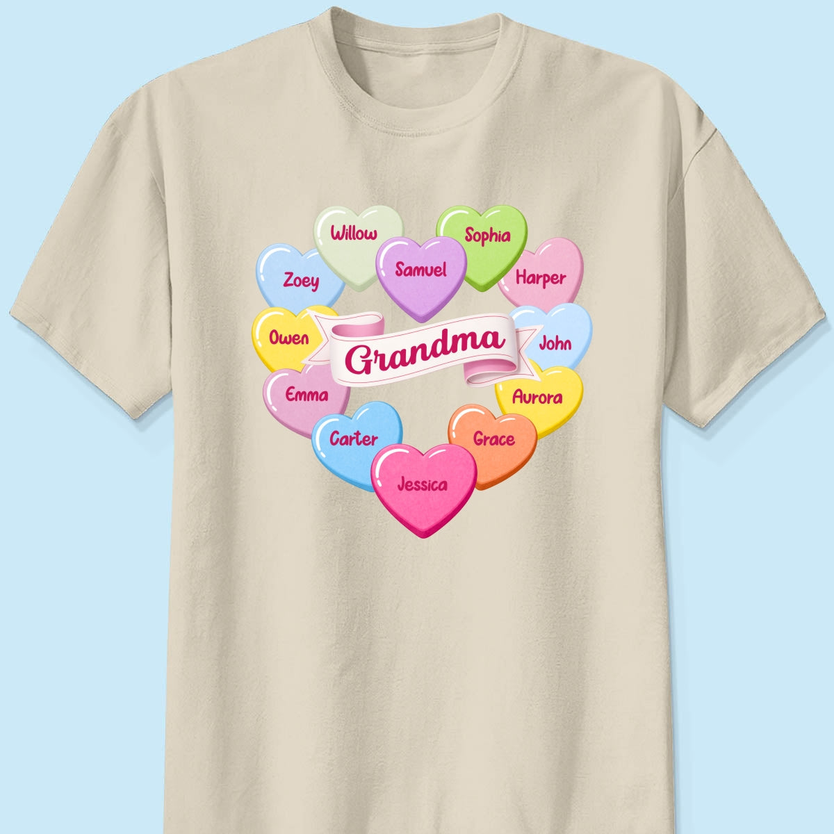 Grandma's Sweethearts Conversation Hearts Grandkids Names Valentine's Day - Personalized Shirt
