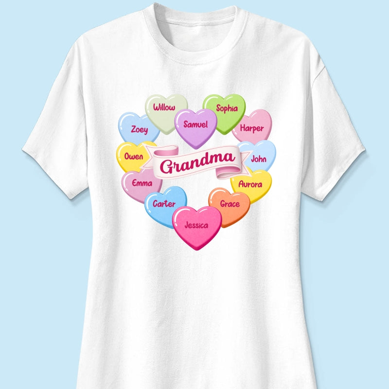 Grandma's Sweethearts Conversation Hearts Grandkids Names Valentine's Day - Personalized Shirt