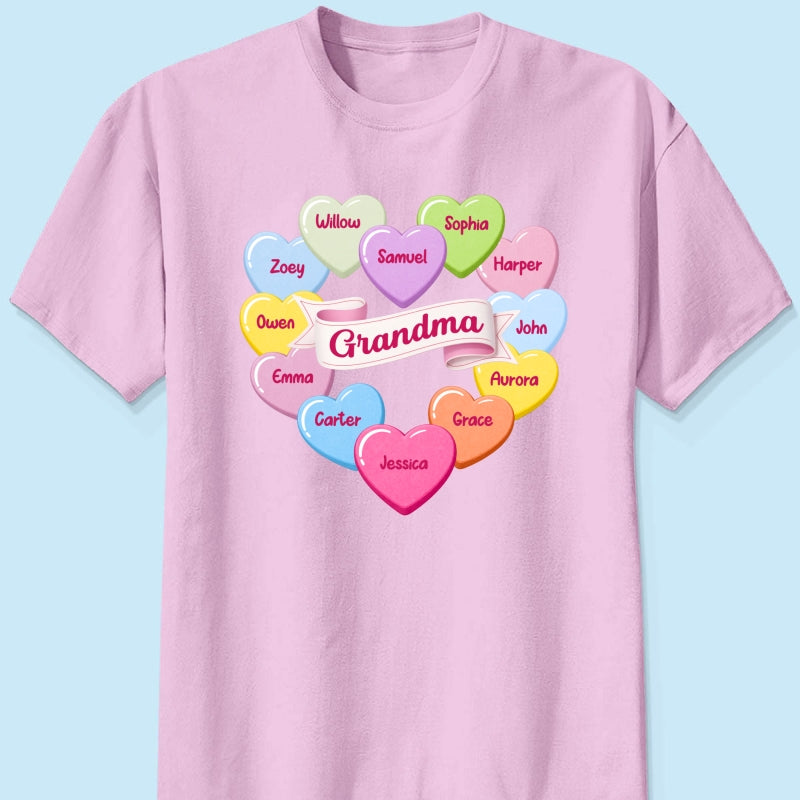 Grandma's Sweethearts Conversation Hearts Grandkids Names Valentine's Day - Personalized Shirt