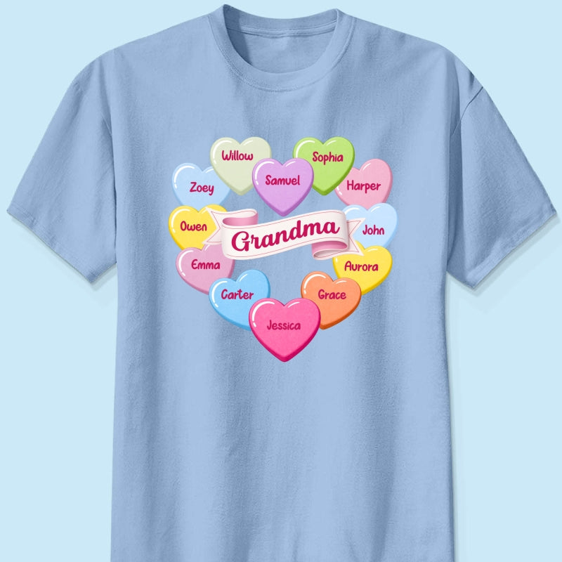 Grandma's Sweethearts Conversation Hearts Grandkids Names Valentine's Day - Personalized Shirt