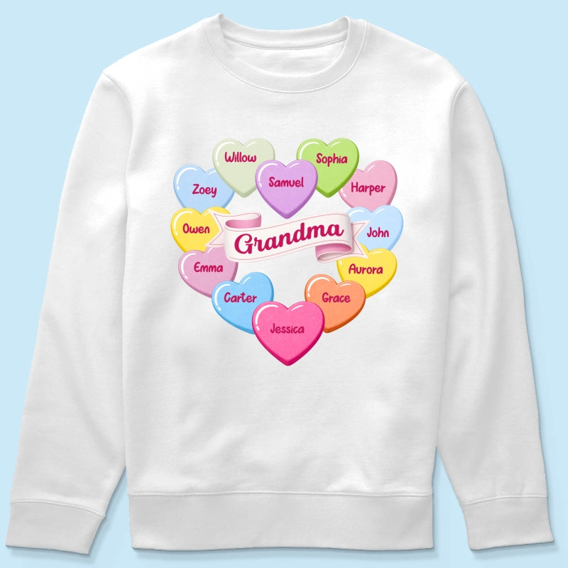 Grandma's Sweethearts Conversation Hearts Grandkids Names Valentine's Day - Personalized Shirt