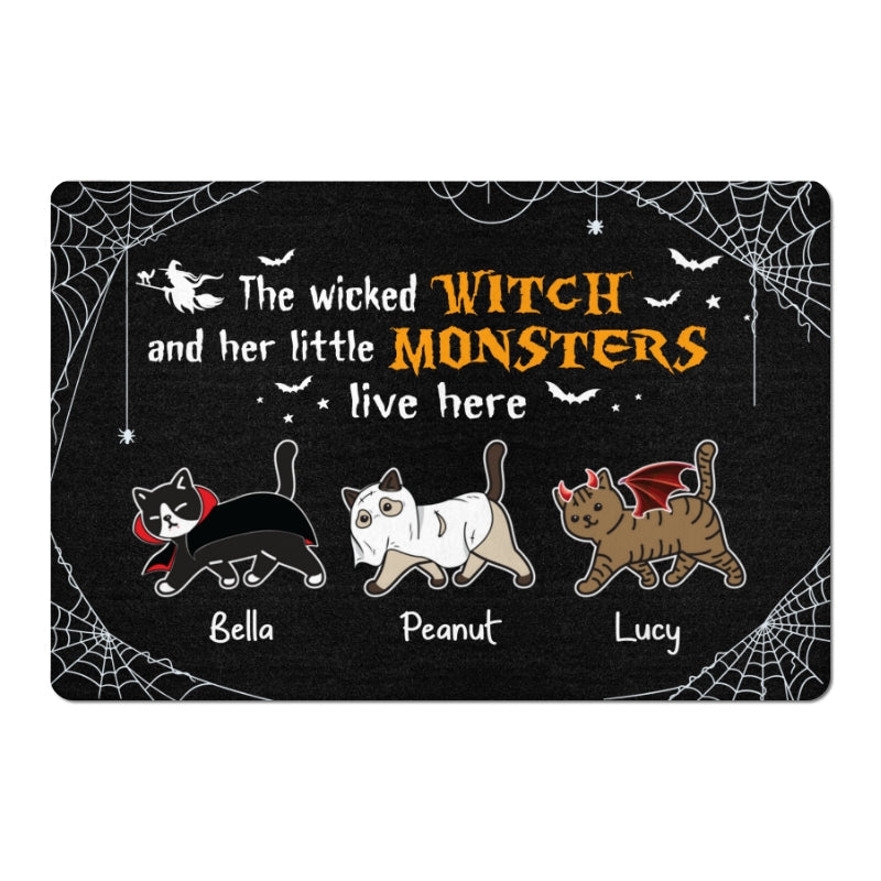 Wicked Witch And Monster Cats Live Here Halloween Personalized Doormat