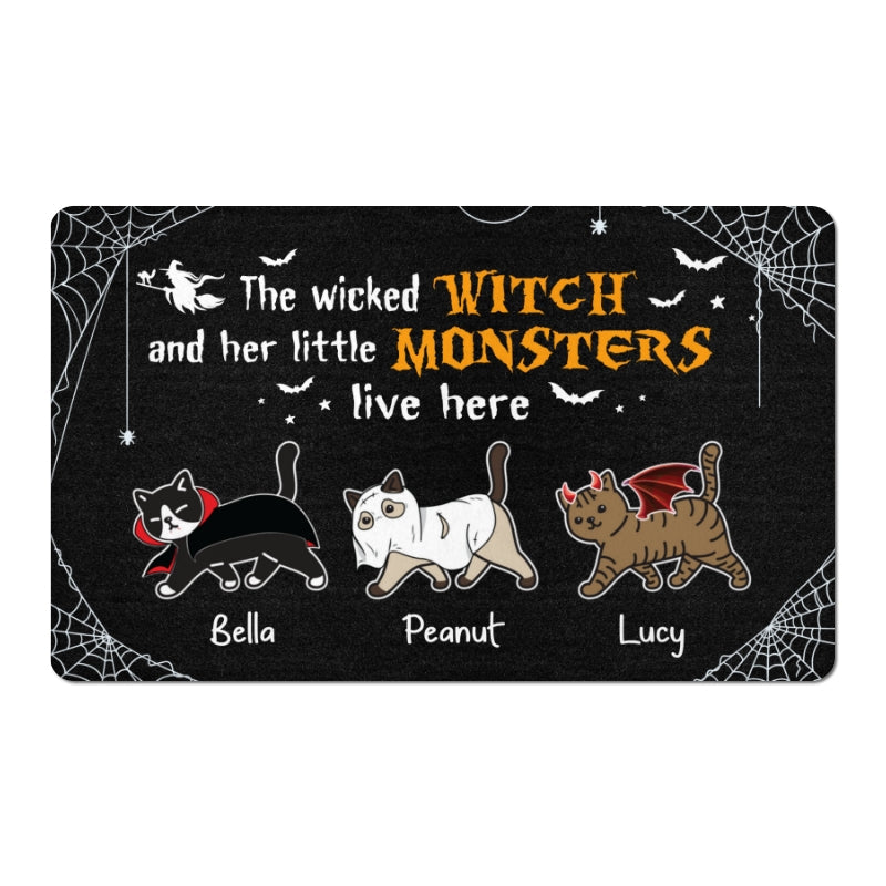 Wicked Witch And Monster Cats Live Here Halloween Personalized Doormat