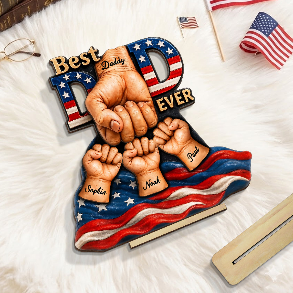 American Dad And Kids Fist Bump - Personalized 2-Layered Wooden Plaque -  Gift For Dad, Husband