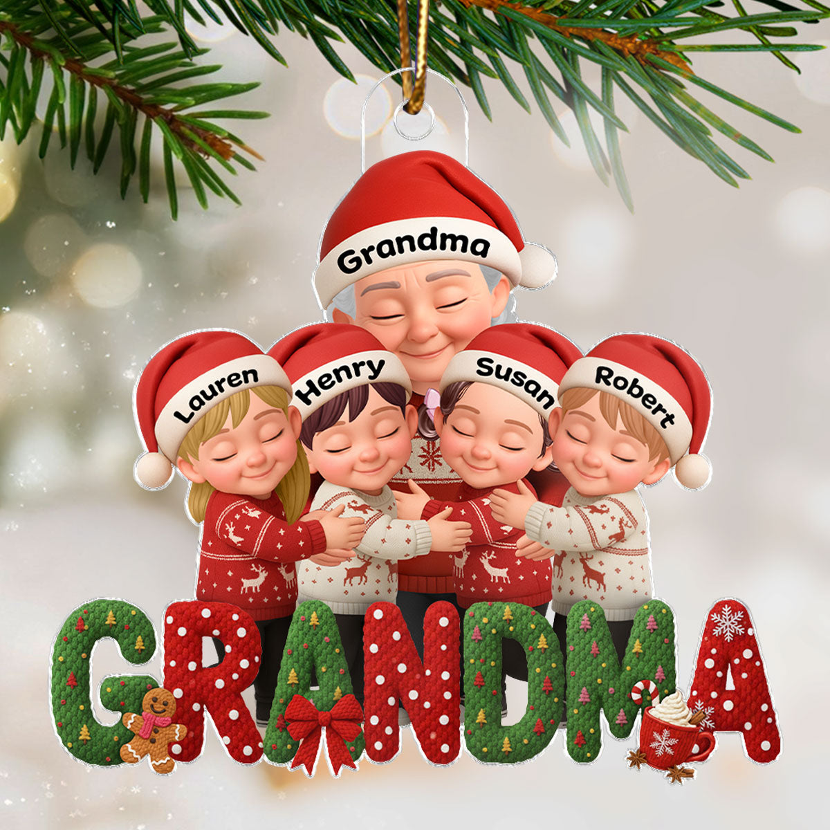 Grandma Hugging Grandkid Latch Hook Yarn Faux - Personalized Acrylic Ornament - Heartfelt Christmas Gift for Grandma, Grandkids