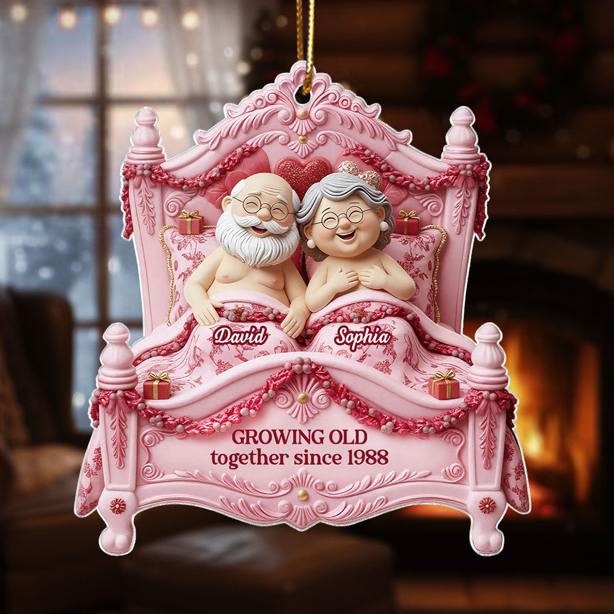 Growing Old Together Elderly Couple On Bed - Personalized Acrylic Ornament - Gift for Couple, for Her, for Him