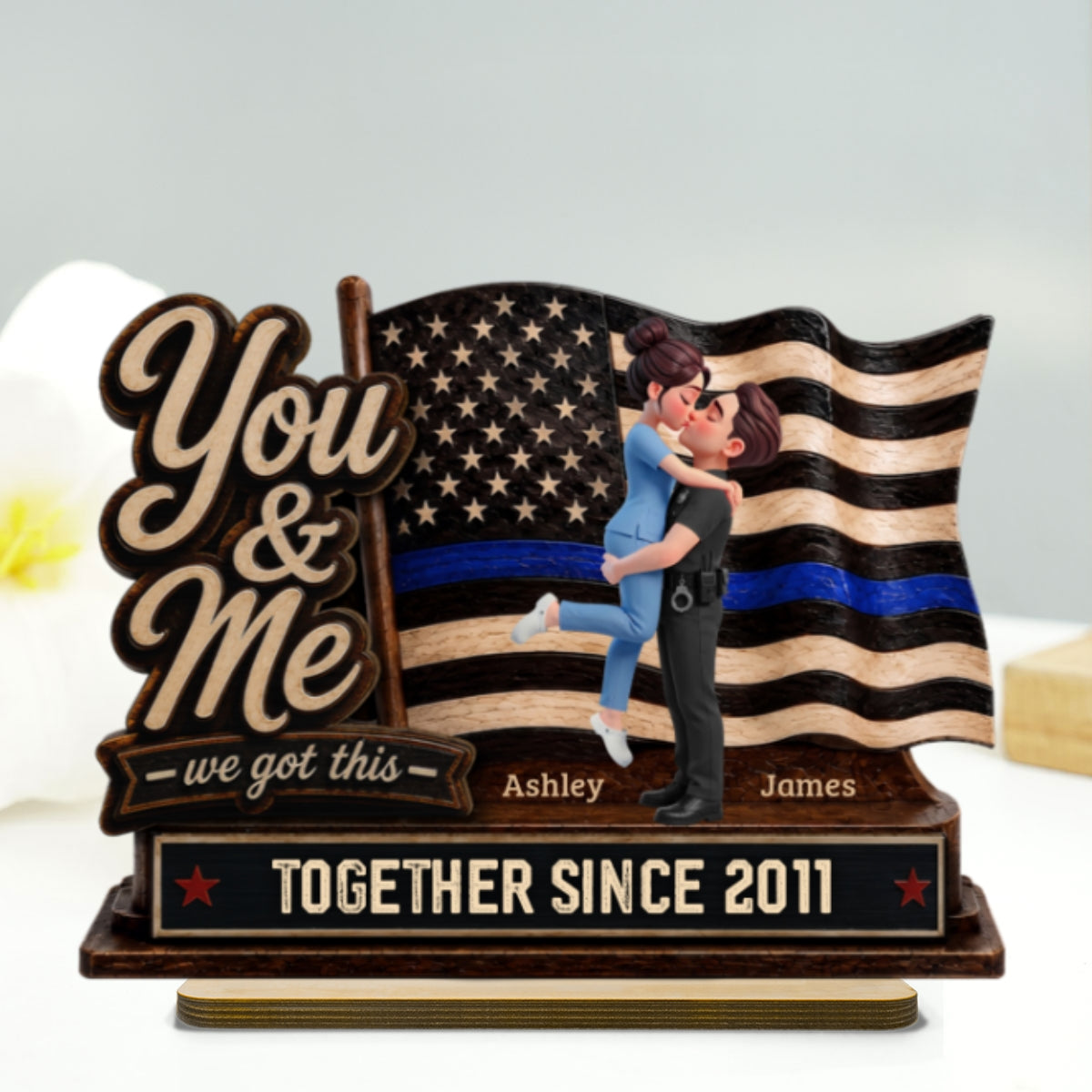 Proud Hero Couple You & Me We Got This 2D Flat - Personalized 2-Layered Wooden Plaque - Gift For Couple, For Him, For Her, Nurse, Police, Firefighter, Army