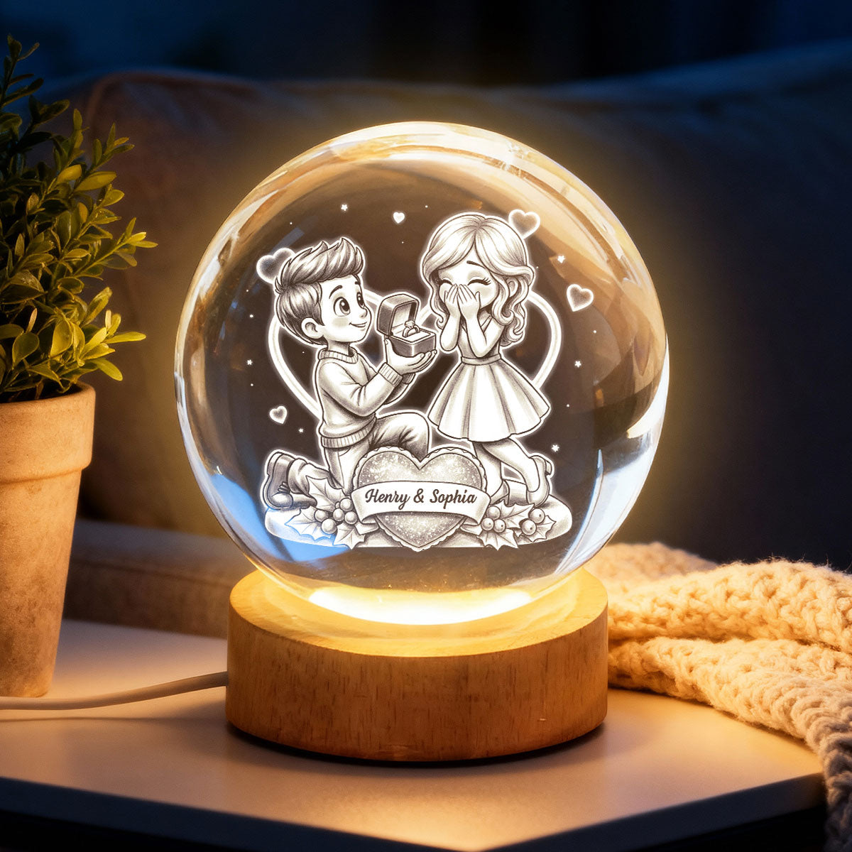Marriage Proposal Valentine - Personalized Crystal Ball LED Night Light - Anniversary, Valentine's Day Gift, Gift For Him, Gift For Her