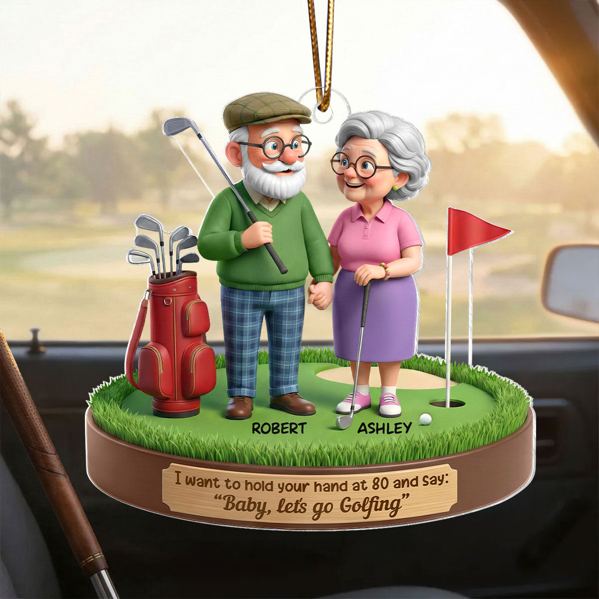 3D Effect Old Couple Baby Let's Go Golfing - Personalized Acrylic Car Hanger - Sentimental Gift for him, for her