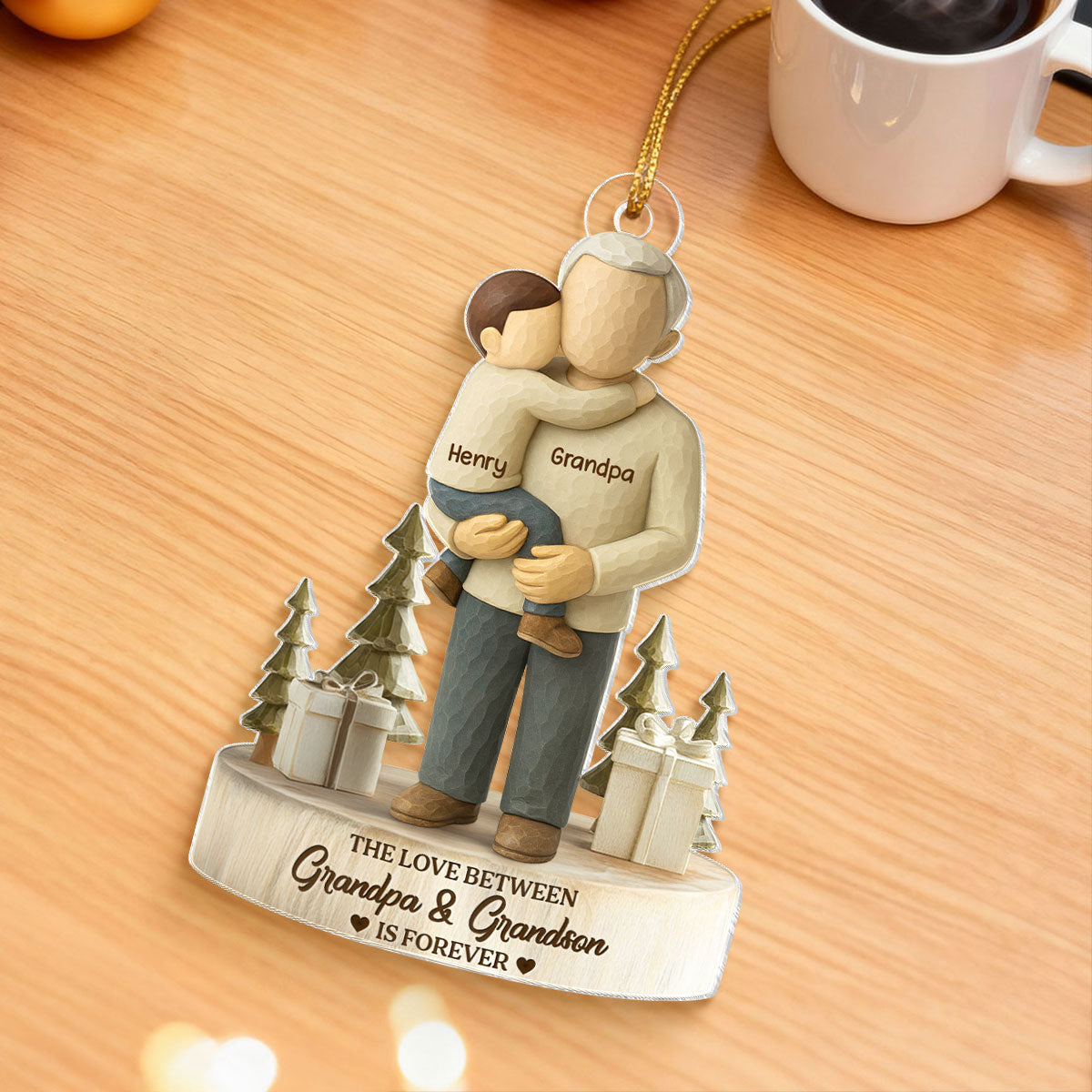 The Love Between Grandpa and Grandson, Granddaughter is Forever - Personalized Acrylic Ornament - Heartwarming Christmas Gift for Grandpa
