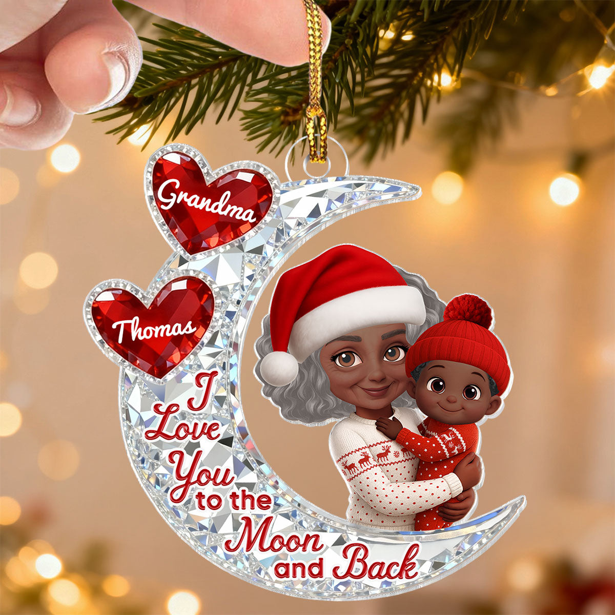 3D Effect Flat Moon Grandma Grandkid Love You To The Moon And Back - Personalized Acrylic Ornament - Christmas Gift For All Grandkids