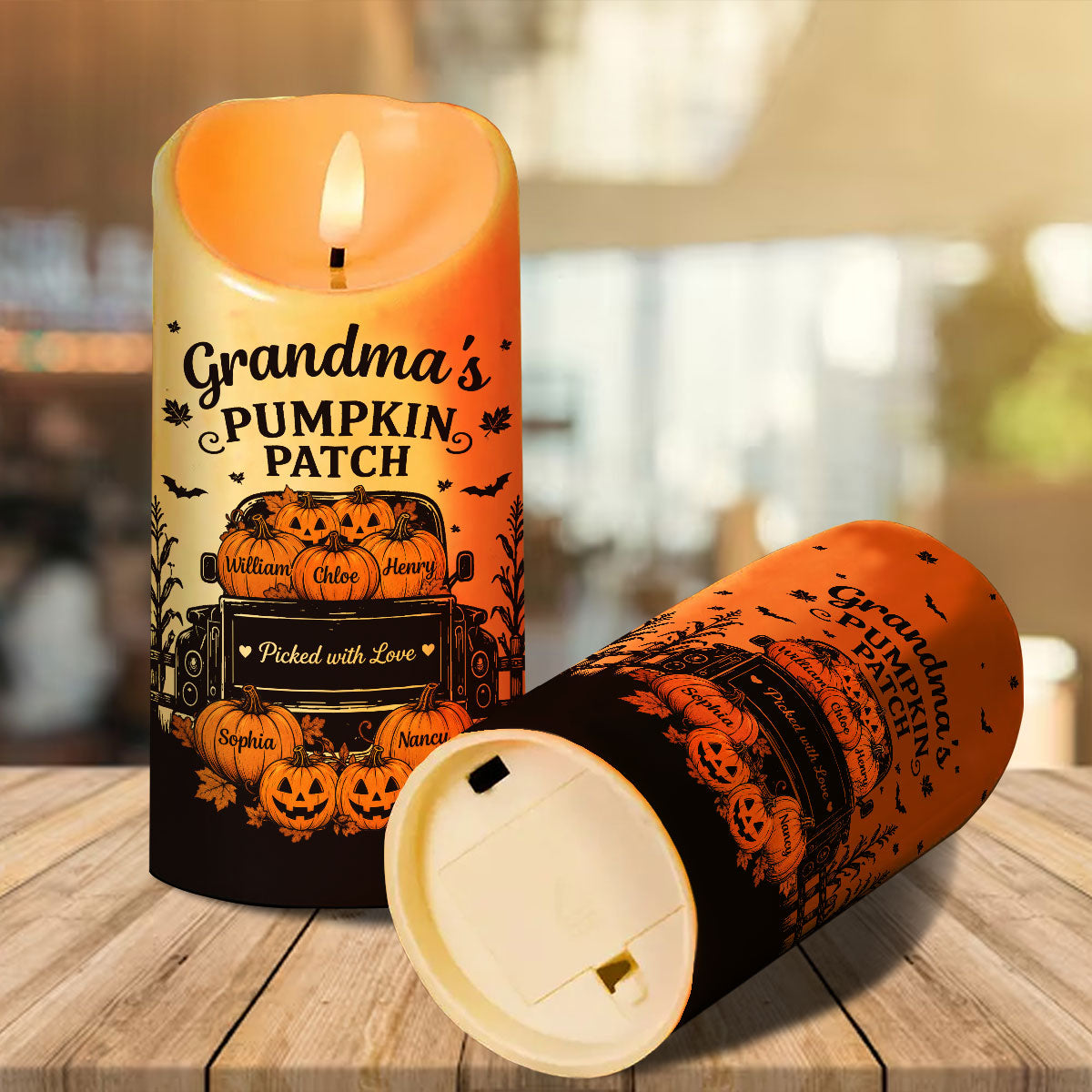 Grandma's Pumpkin Patch Jack-o'-lantern Pumpkins Truck - Personalized LED Candle - Perfect Halloween Decor For Grandma
