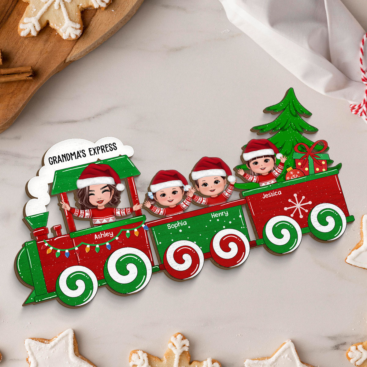 Cute Kids On Christmas Train Personalized 2-Layer Standing Wooden Plaque