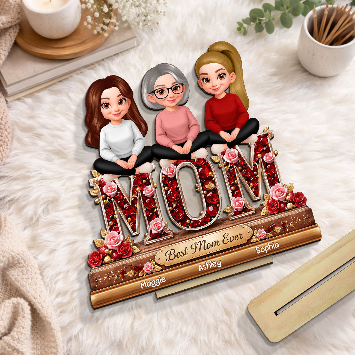 Mom Daughters Sons Sitting Best Mom Ever - Personalized 2-Layered Wooden Plaque - Heartfelt Gift For Mom, Grandma