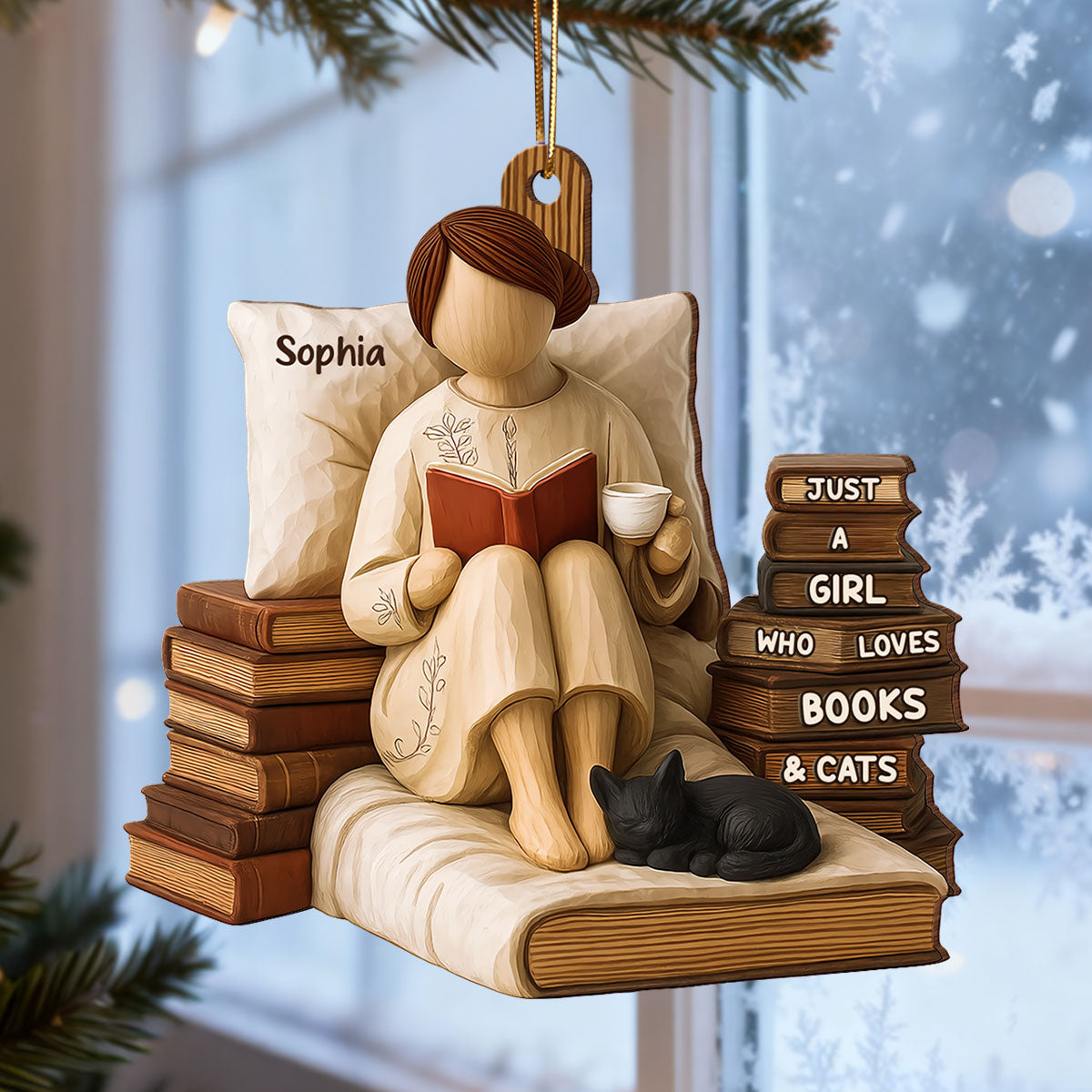 Just A Girl Who Loves Books & Cats 3D Effect - Personalized Wooden Ornament - Christmas Gift For Book Lover, Bookworm