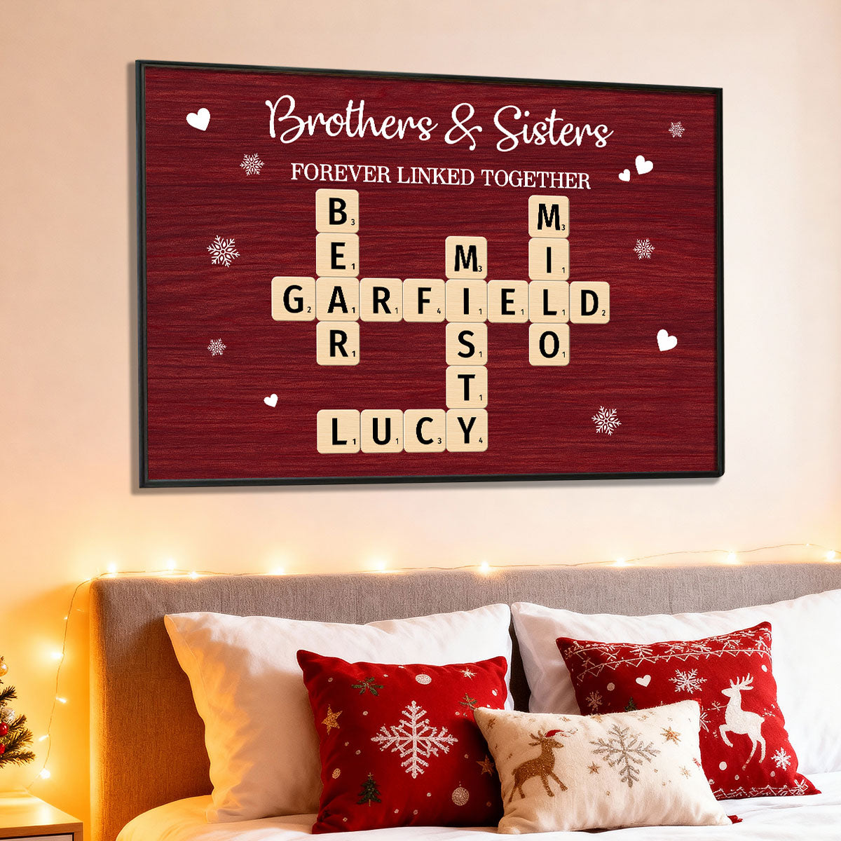 Christmas Festive Brothers & Sisters Forever Linked Together Crossword Puzzle Art - Personalized Poster - Gift For Brothers, Sisters, Siblings, Family