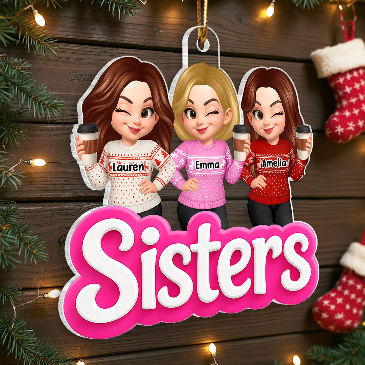 Pink Besties Sisters 3D Effect - Personalized Acrylic Ornament - Christmas Gift for Best Friends, for Sisters