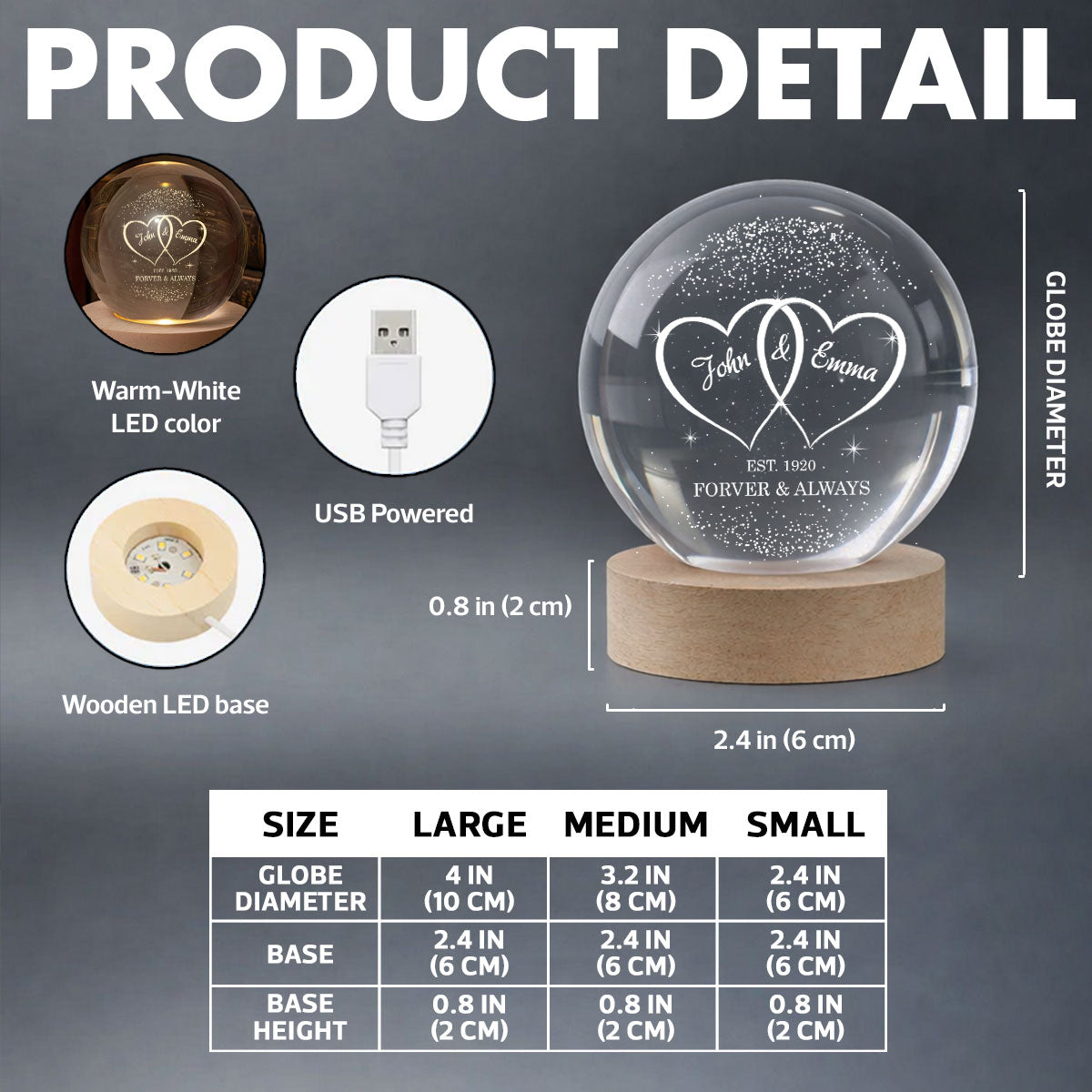 Couple Hearts Interlocked - Personalized Crystal Ball LED Night Light - Heartfelt Valentine's Day Gift for Her, for Him