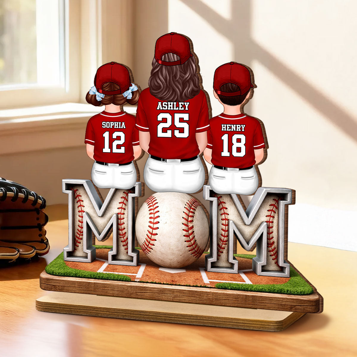 Baseball Mom And Kids Sitting - Personalized 2-Layered Wooden Plaque - Gift For Baseball Mom