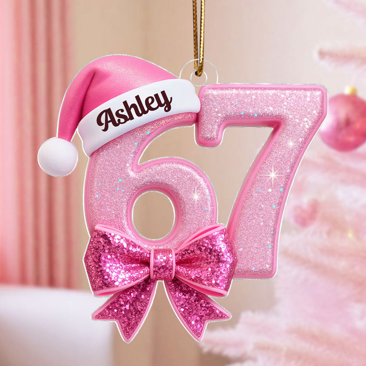 Custom 67 with Pink Croquette Bow - Personalzied Acrylic Ornament - Gift for Kid, Grandkids