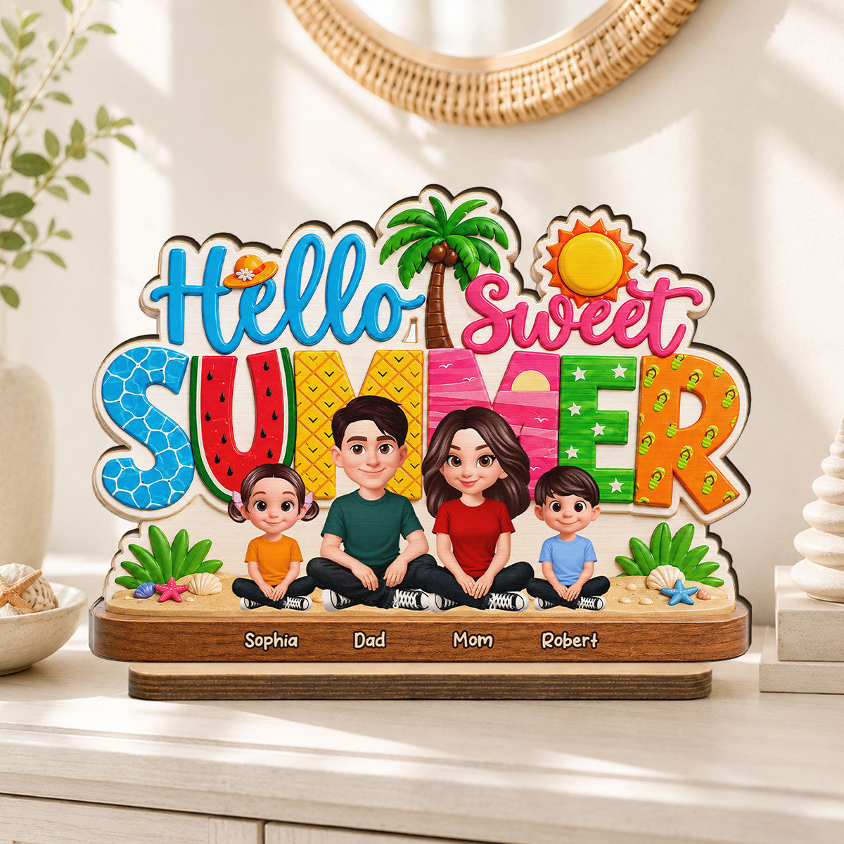 Hello Summer Vibe Family Grandpa Grandma Dad Mom Kids - Personalized 2-Layered Wooden Plaque - Gift For Family, Grandparents, Summer Decoration