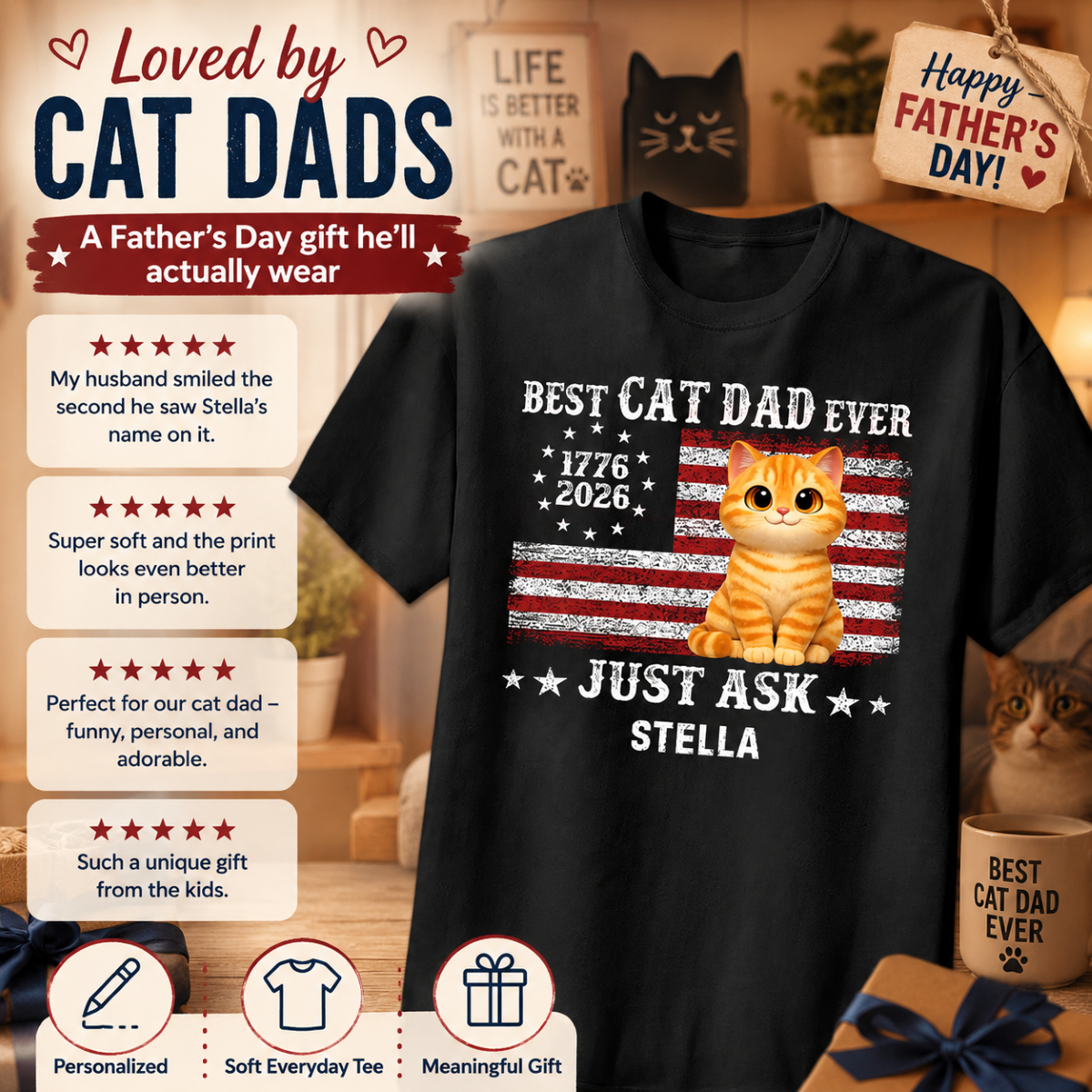 Proud Best Cat Dad Ever Nation Flag 250th Anniversary - Personalized Shirt - Father's Day Gift For Cat Dad, Cat Lovers