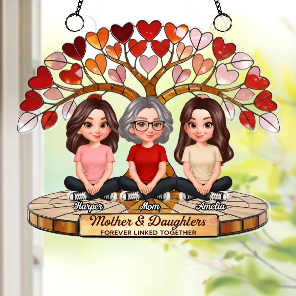 Mom And Son Daughter Under Heart Tree Forever Linked Together - Personalized Suncatcher Ornament - Gift For Mom