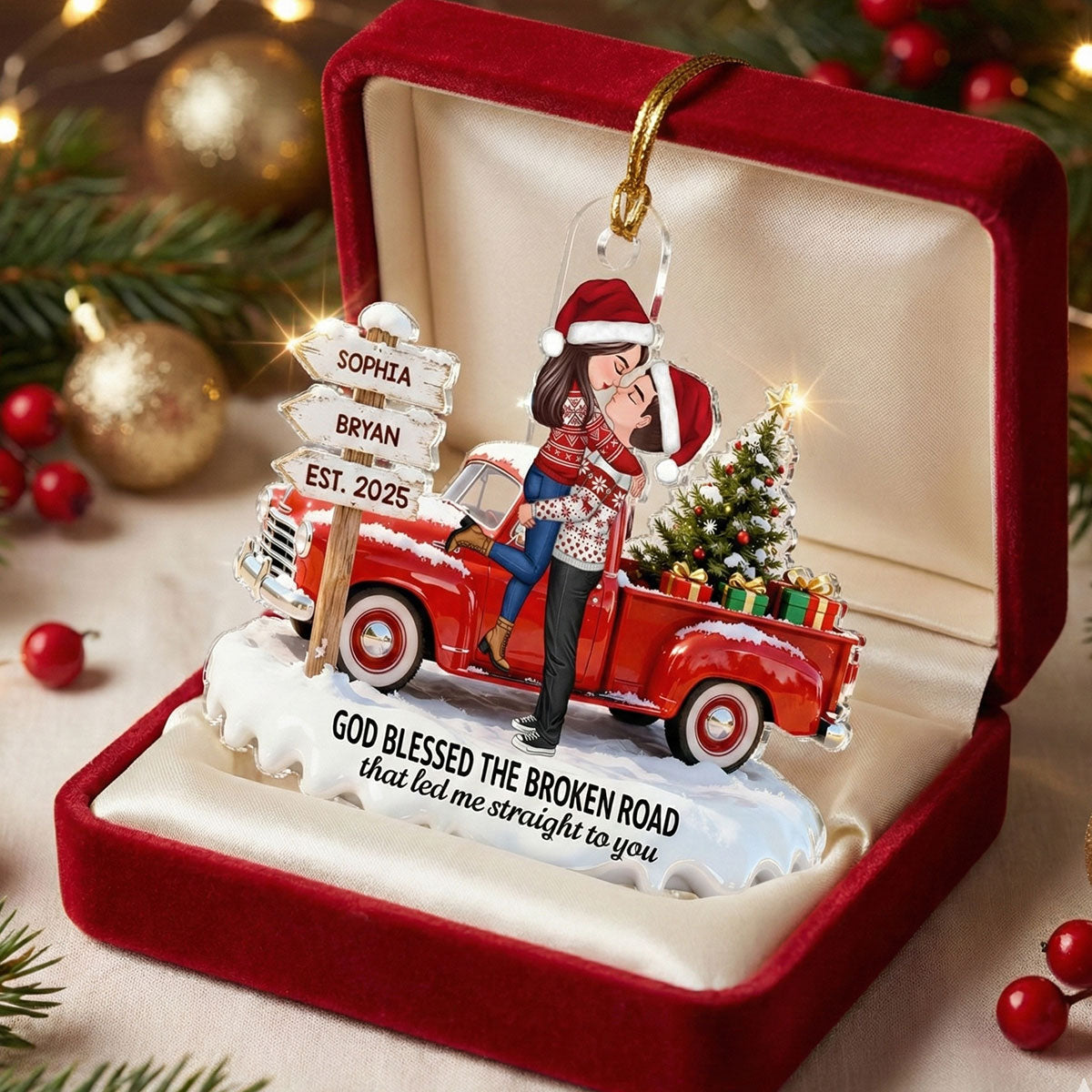 3D Effect Christmas Nostalgia Christmas Truck Couple God Bless The Broken Road - Personalized Acrylic Ornament - Romantic Gift For Couple, Farmhouse Decor