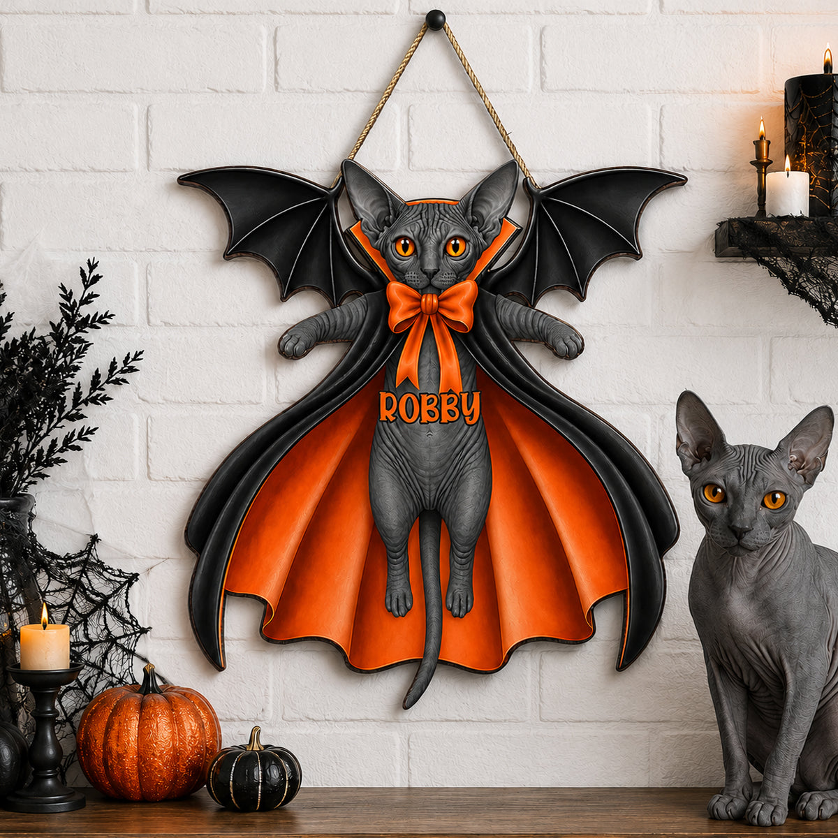 Halloween Cat Vampire - Personalized Wooden Door Sign - Gothic Decor for Cat Lovers